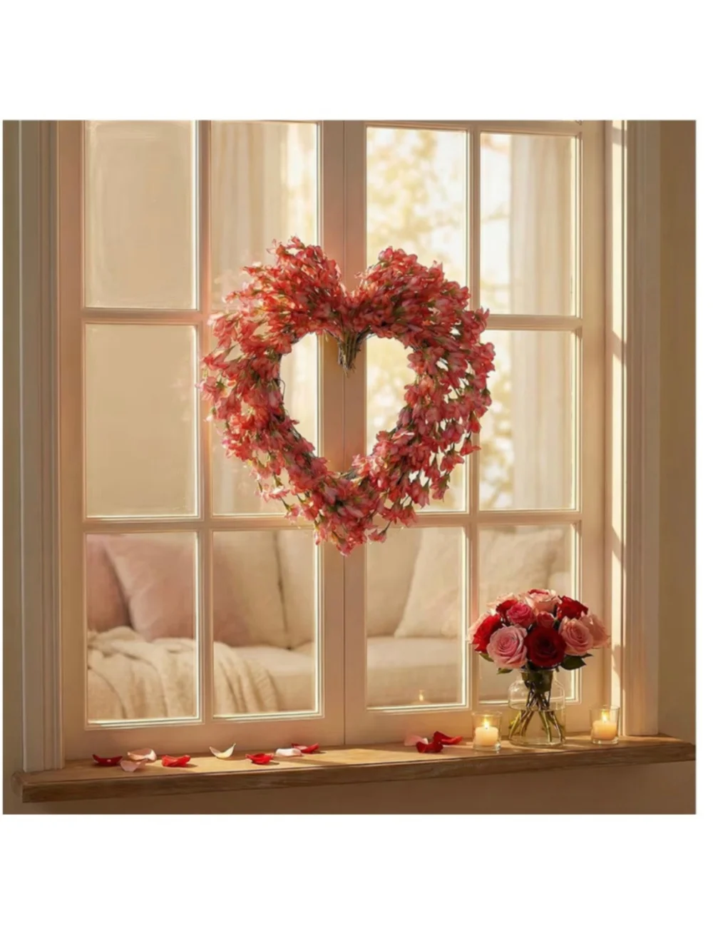 NEW 20” Red Artificial Forsythia Heart Wreath Wedding Engagement Detachable Bow